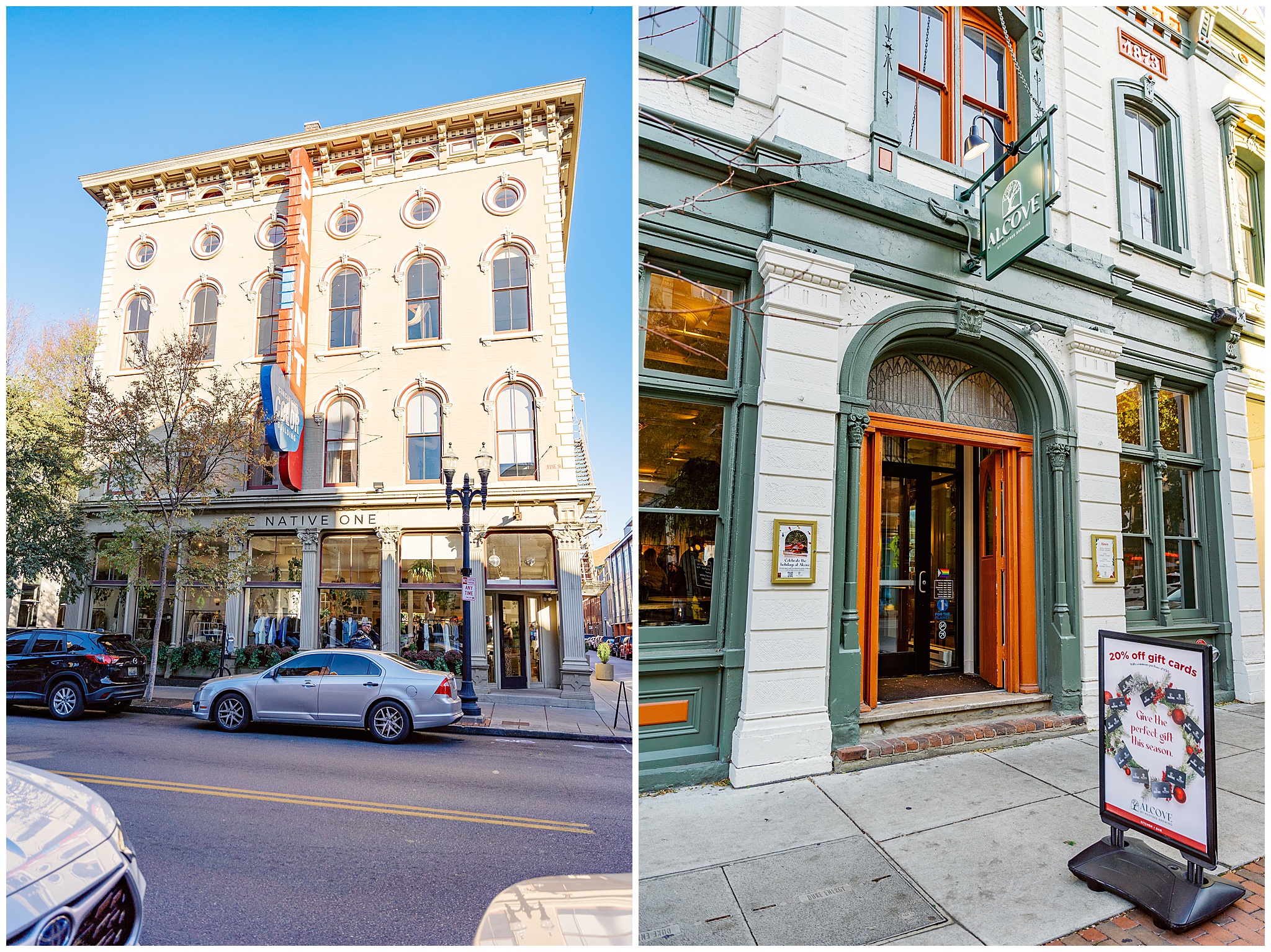 The orange main entrance doors to the madtree alcove wedding venue open with green accent woodwork
