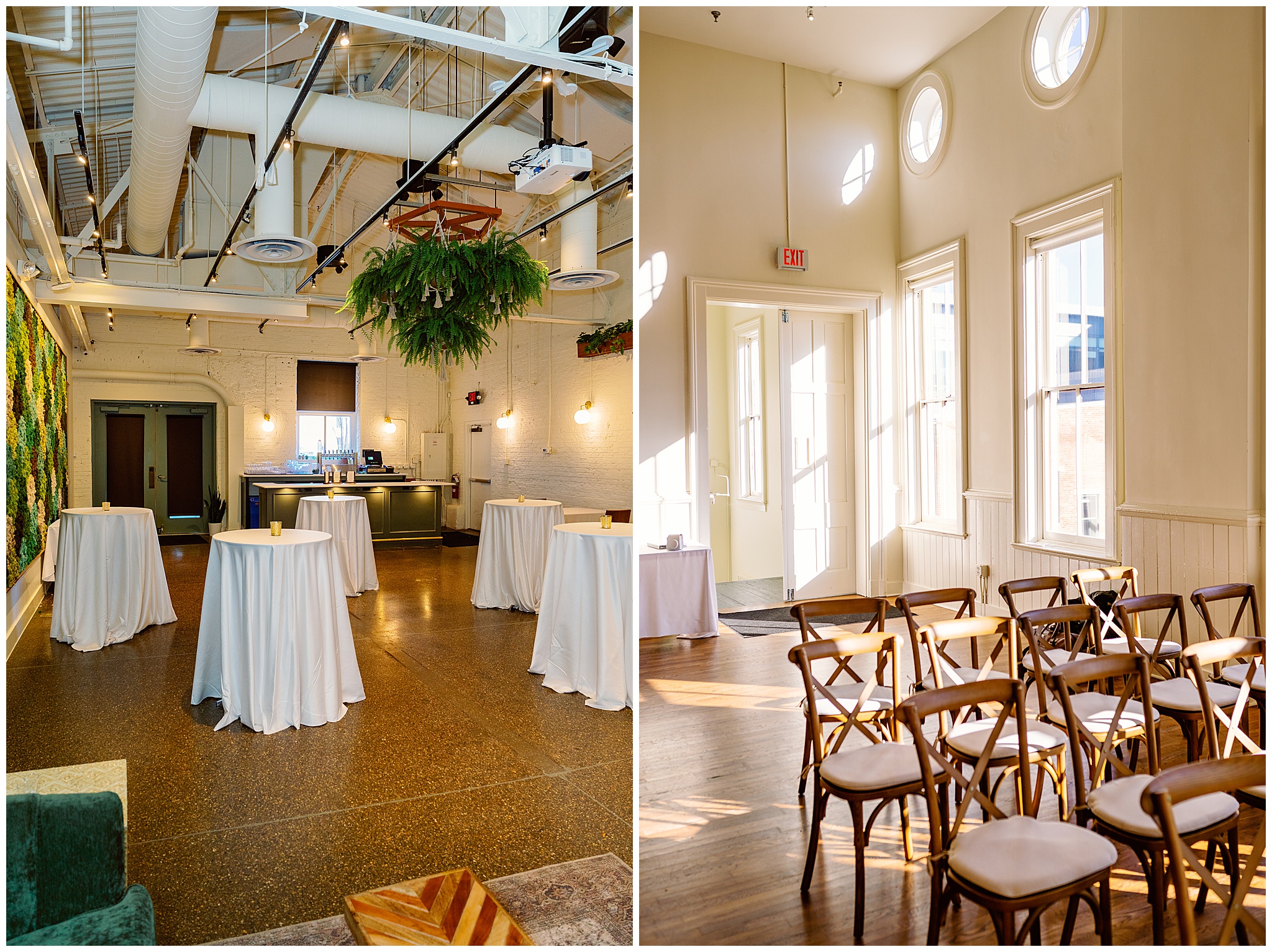 A cocktail hour bar area set up with hanging greenery and white high round tables madtree alcove wedding