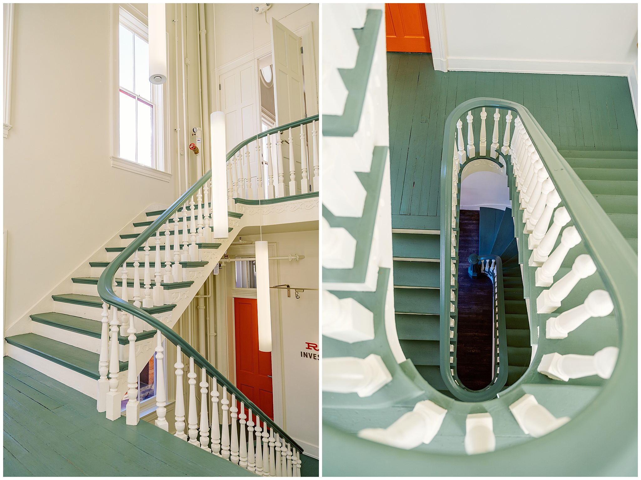A grand wooden staircase painted green with white posts on the hand rail madtree alcove wedding