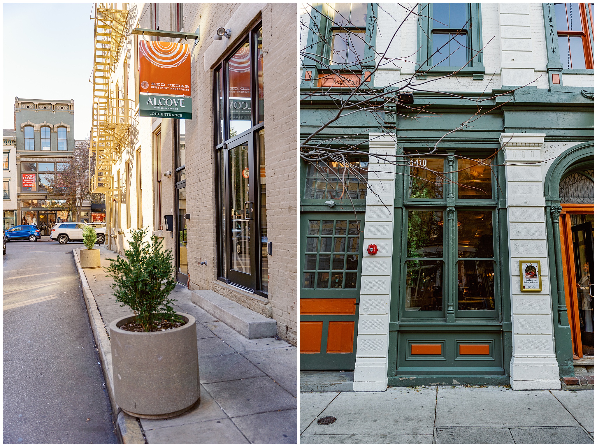 Thee front and side entrances to the madtree alcove wedding venue with white columns and green carpentry work