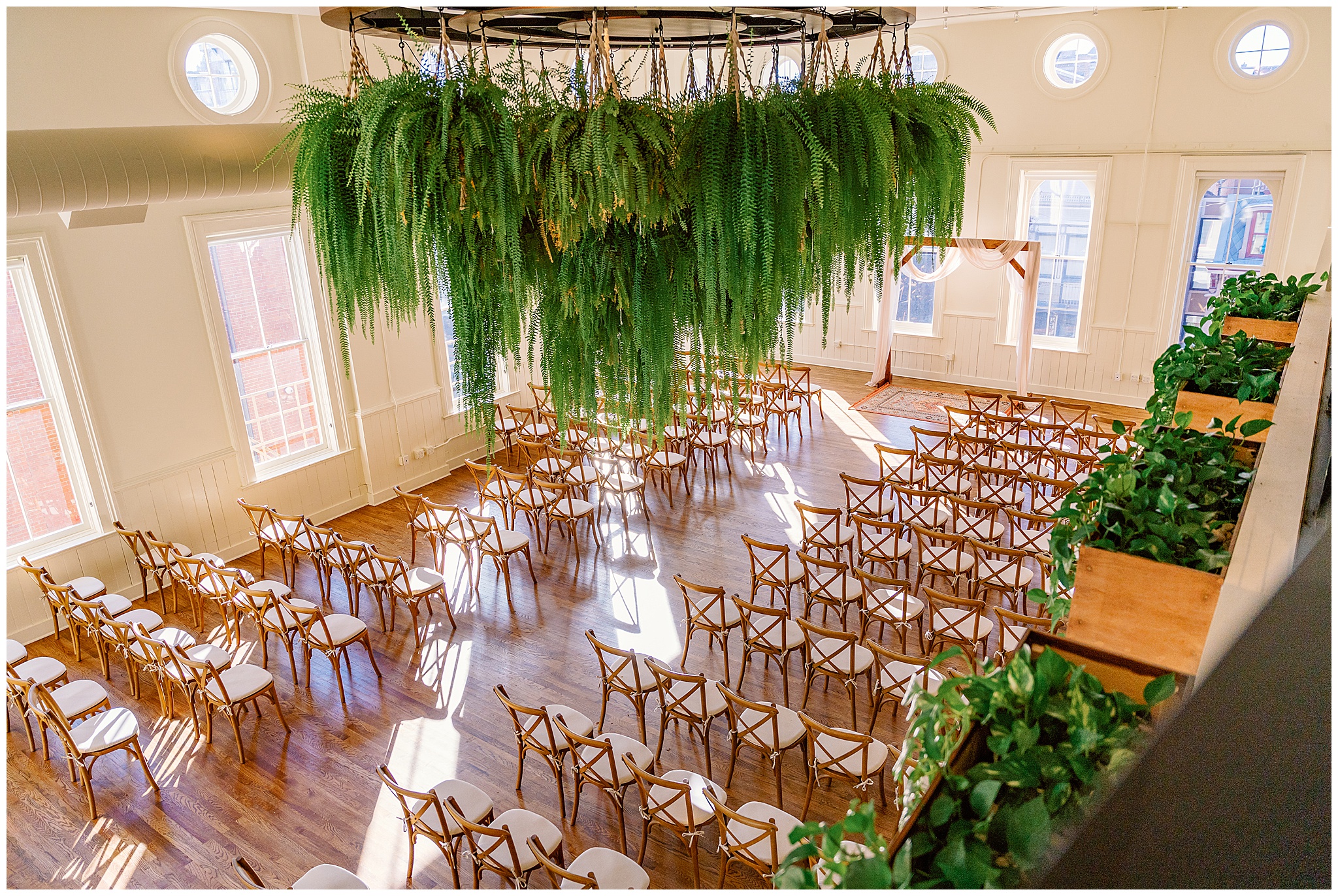 A wedding ceremony setup at thee madtree alcove wedding venue