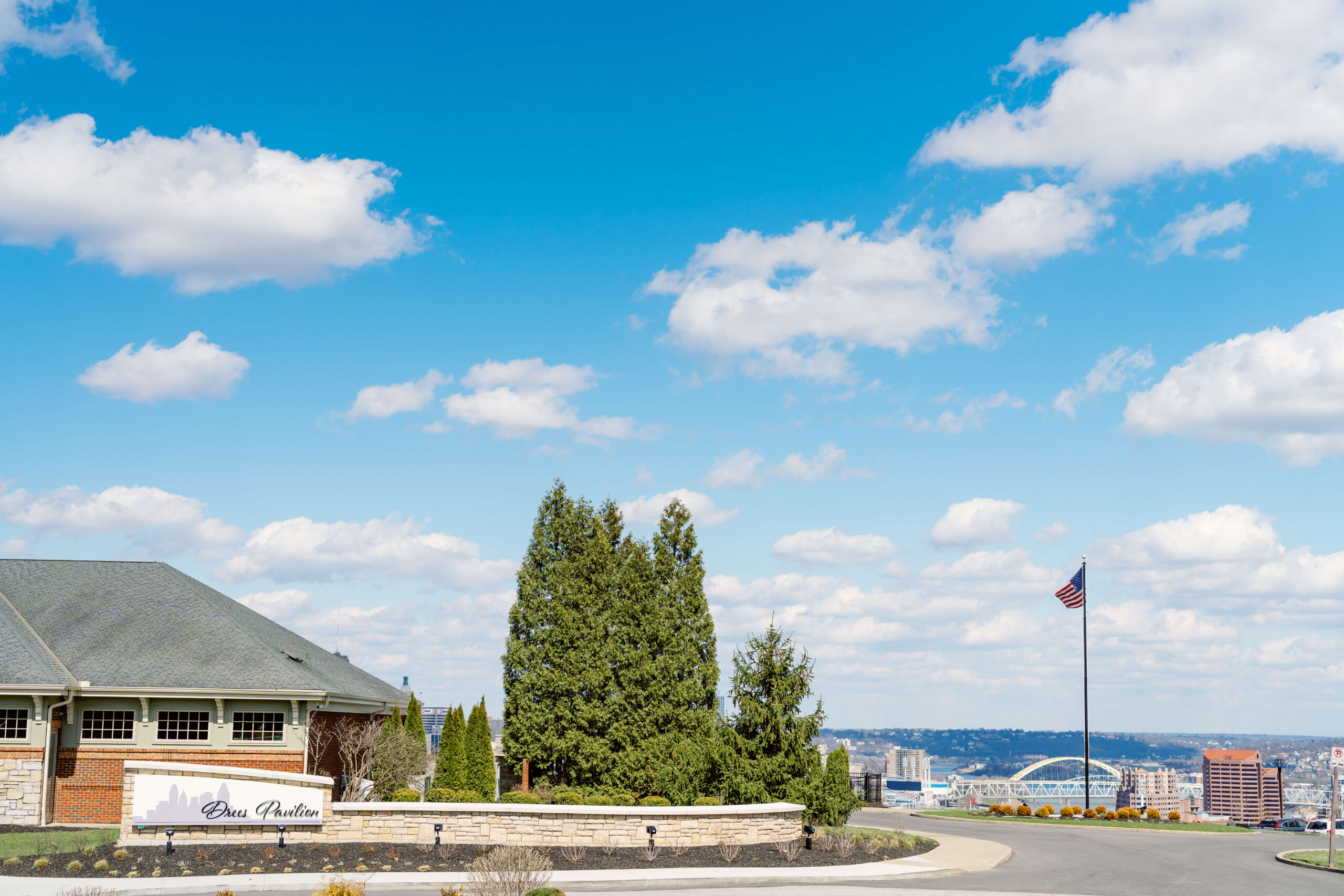 A look at the front drive of one of the cincinnati wedding venues with a view overlooking the city