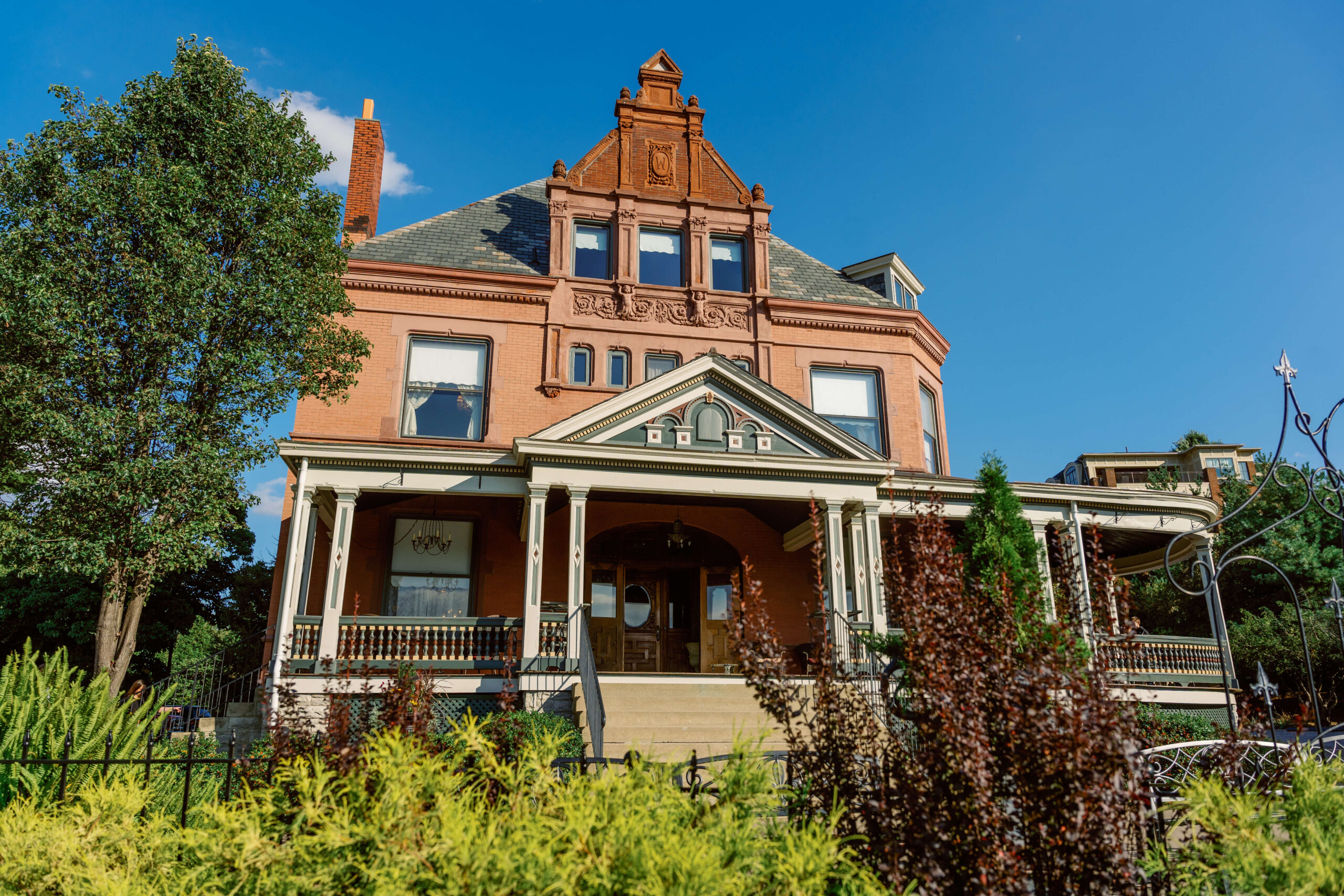 An old home now venue ornate front facade of one of the cincinnati wedding venues with a view