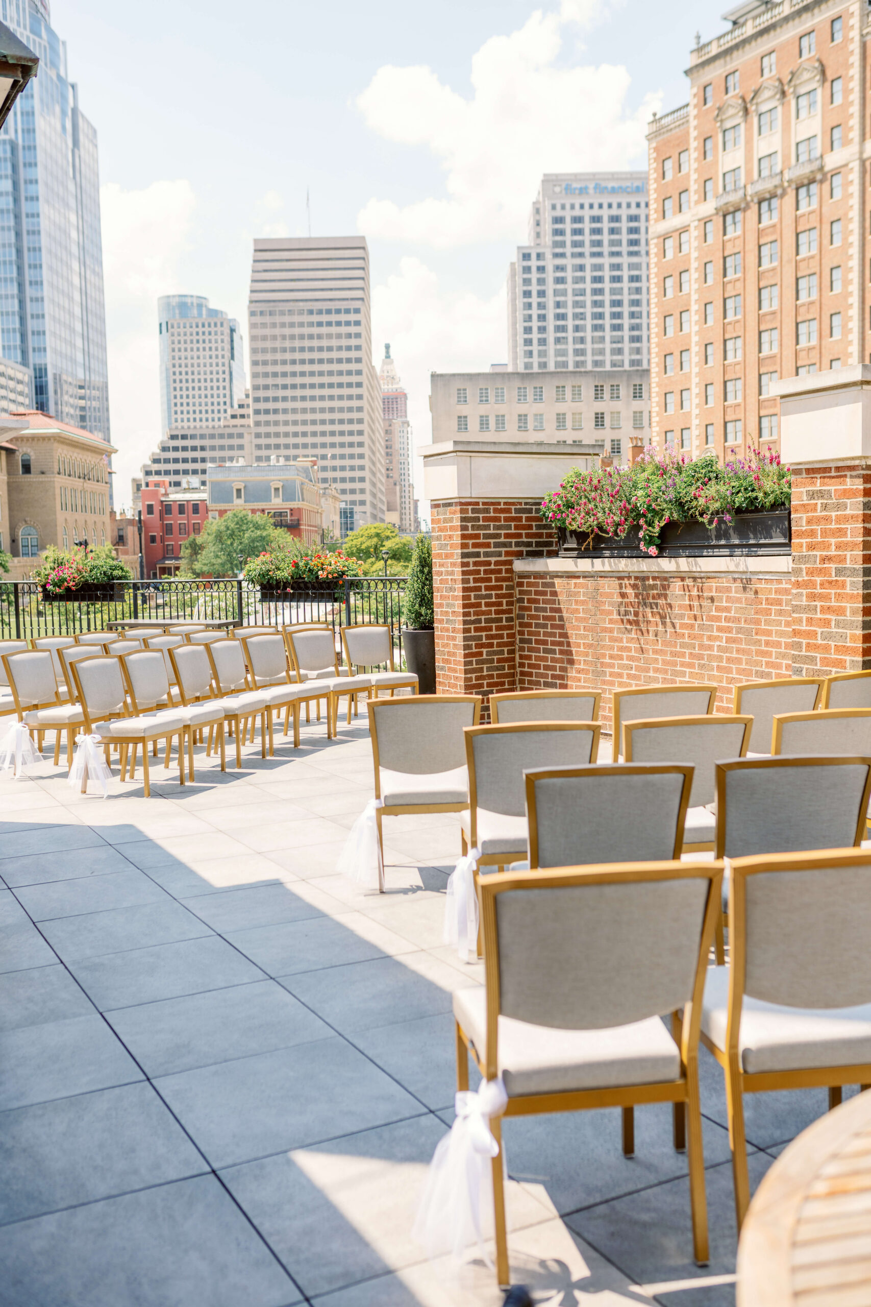Details of chairs set up on a rooftop of one of the unique wedding venues in cincinnati