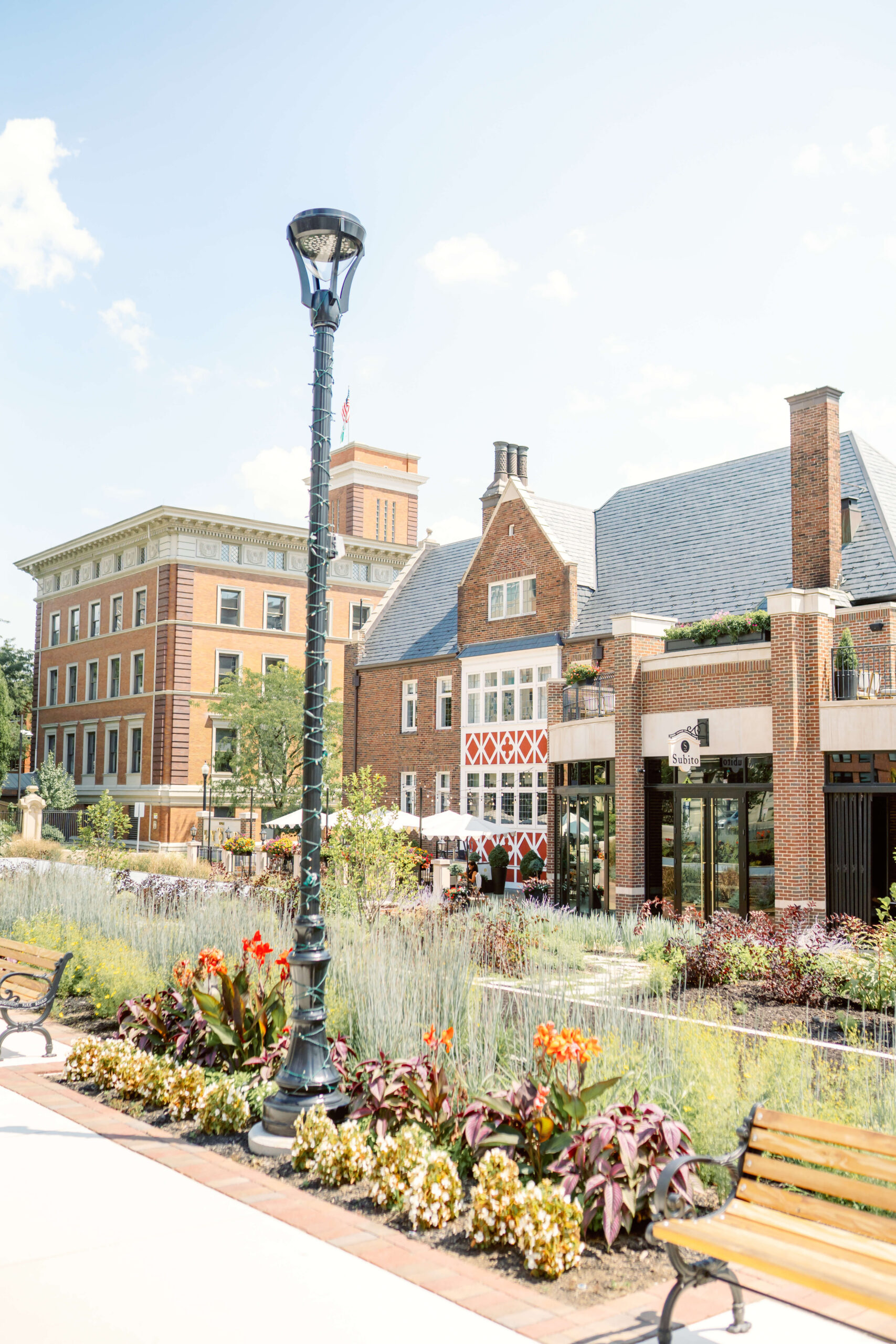 Details of gardens and cafe patios at one of the unique wedding venues in cincinnati